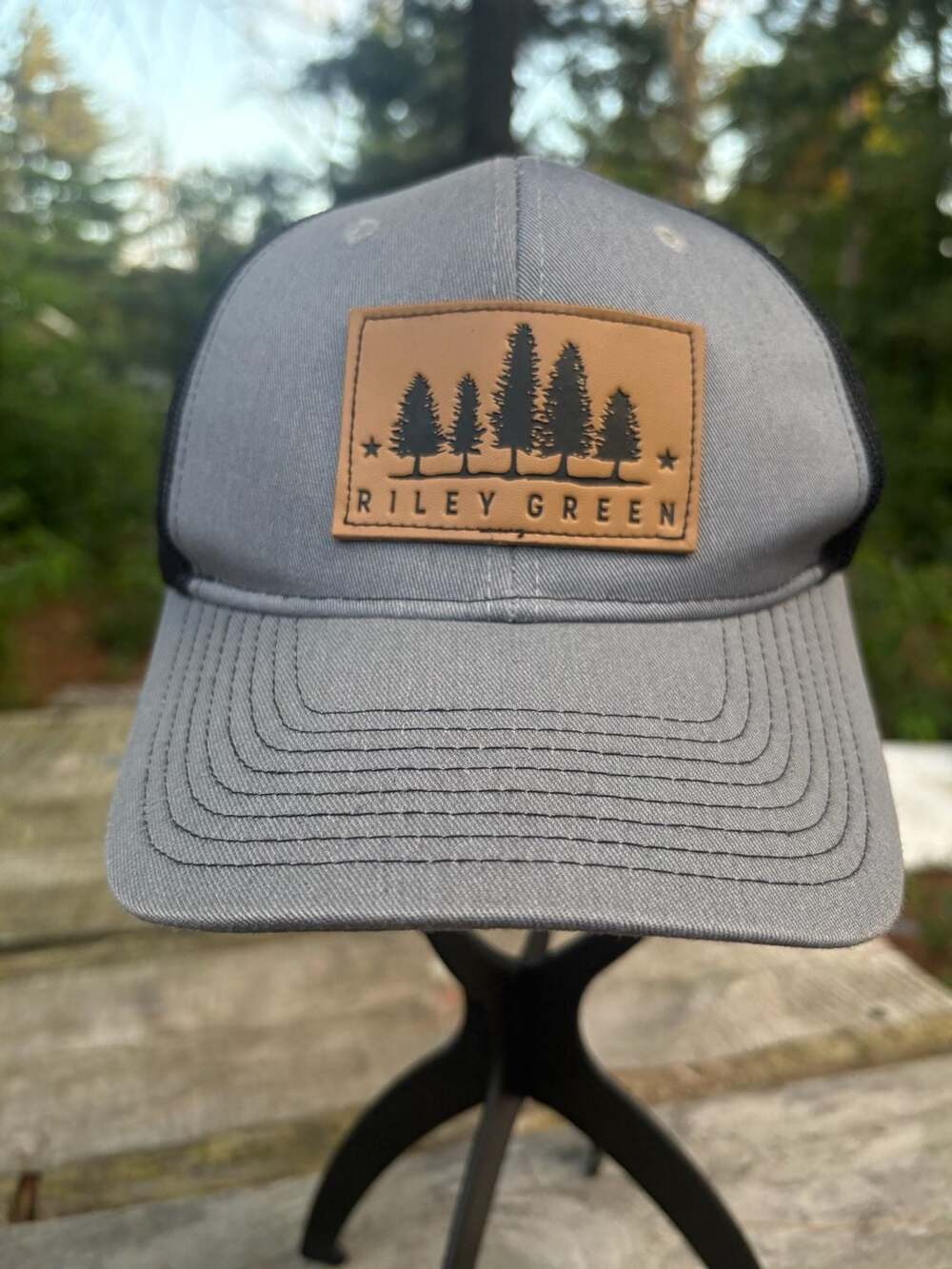 Riley Green Gray/Black Mesh Back Trucker Hat with Leather Tree Line Patch